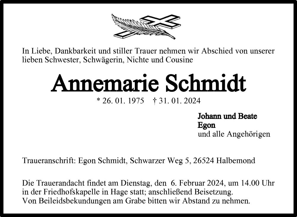  Traueranzeige für Annemarie Schmidt vom 01.02.2024 aus Ostfriesischer Kurier