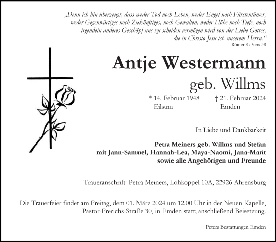 Traueranzeige von Antje Westermann von Ostfriesischer Kurier