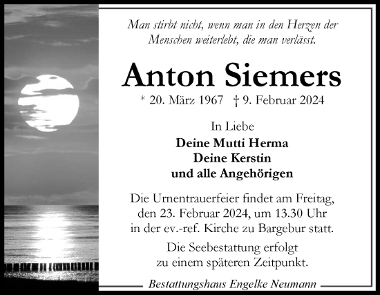 Traueranzeige von Anton Siemers von Ostfriesischer Kurier