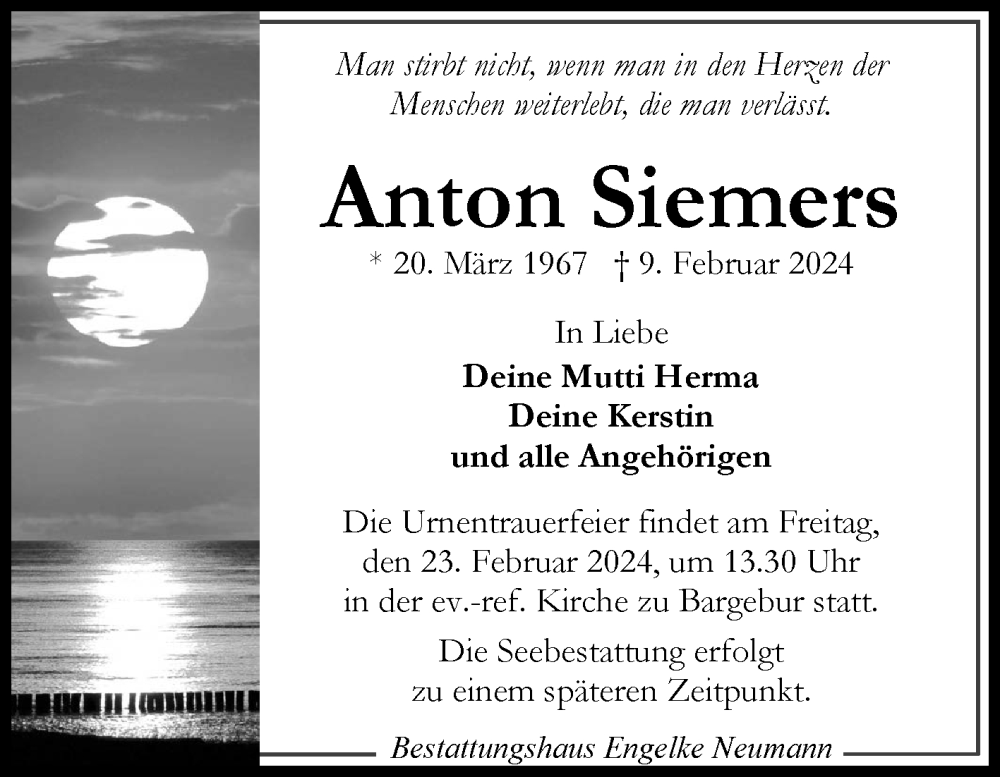 Traueranzeige für Anton Siemers vom 17.02.2024 aus Ostfriesischer Kurier
