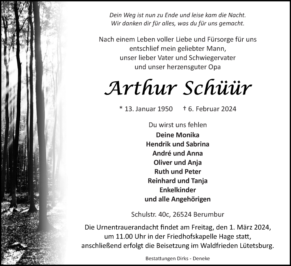  Traueranzeige für Arthur Schüür vom 10.02.2024 aus Ostfriesischer Kurier