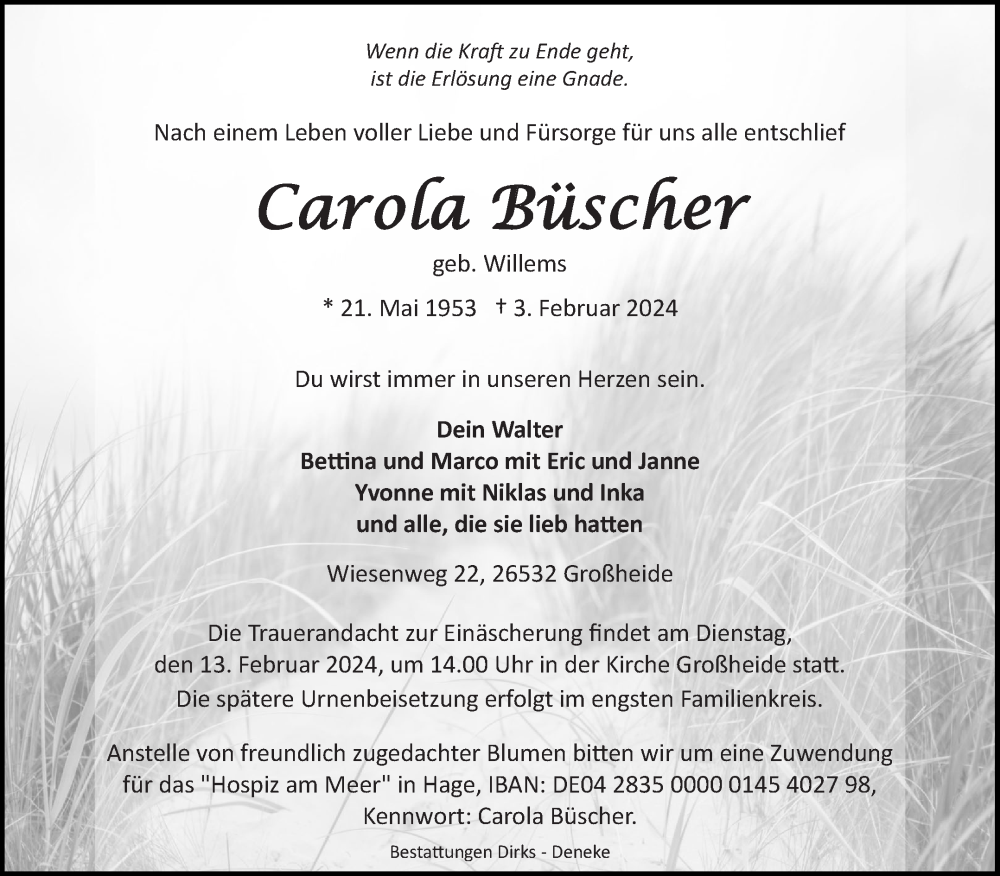  Traueranzeige für Carola Büscher vom 06.02.2024 aus OSTFRIESISCHER KURIER