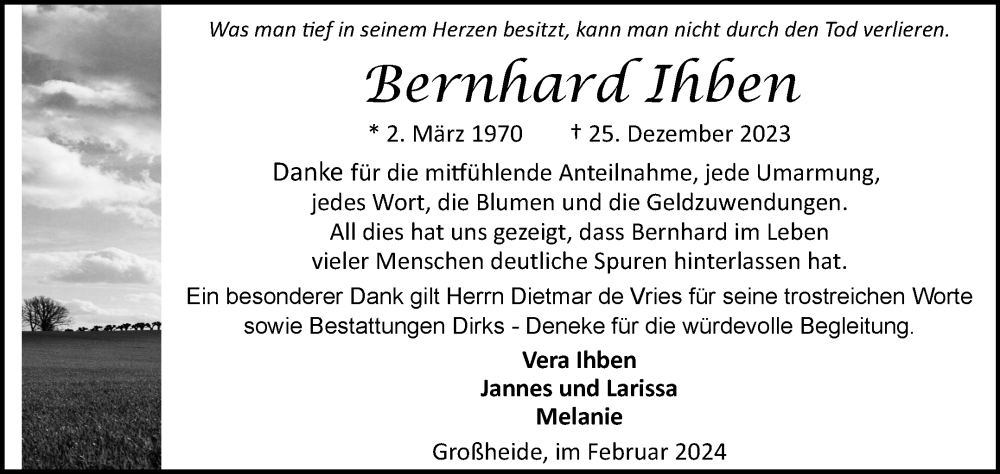  Traueranzeige für Bernhard Ihben vom 03.02.2024 aus Ostfriesischer Kurier