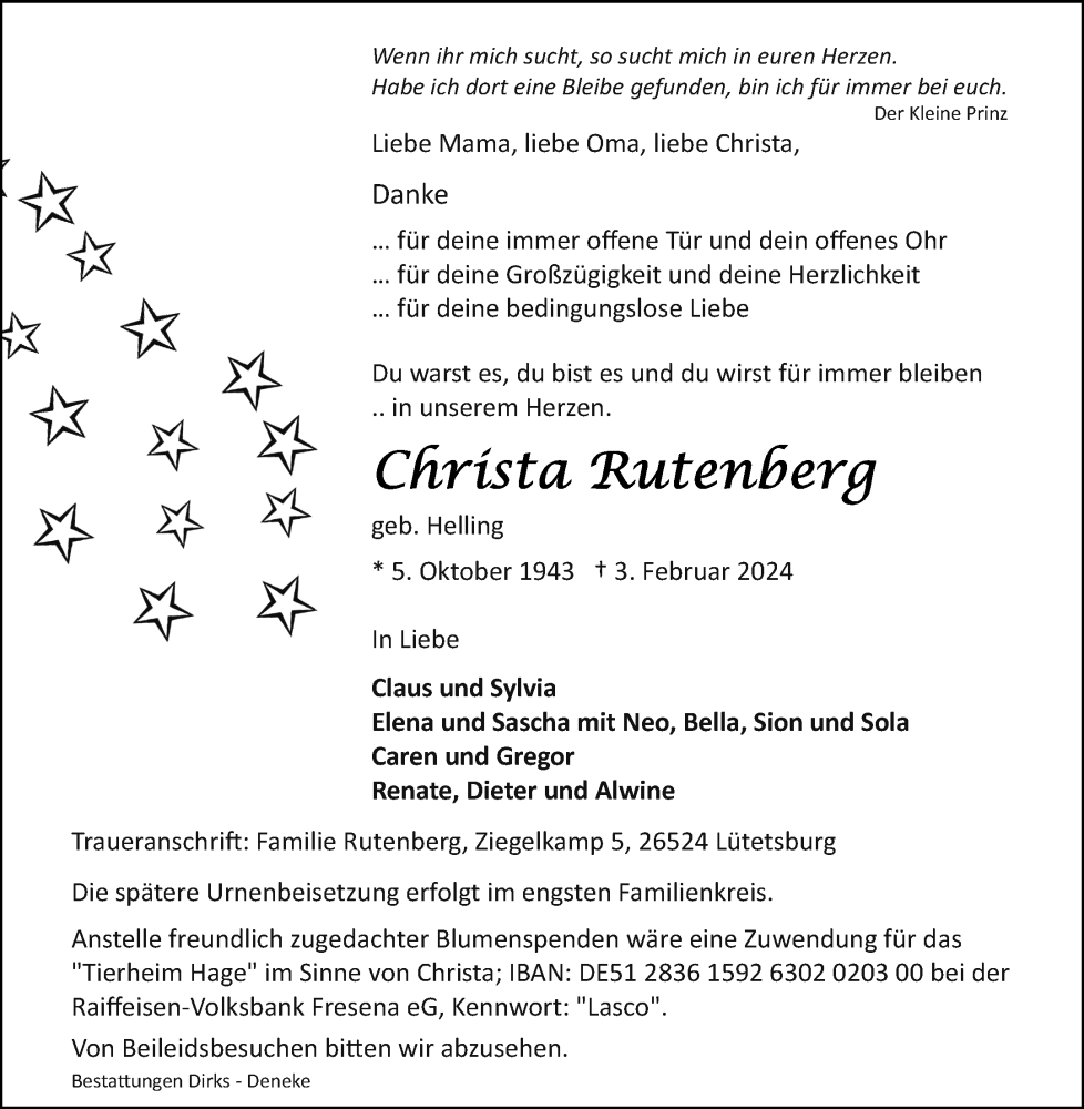 Traueranzeige für Christa Rutenberg vom 10.02.2024 aus Ostfriesischer Kurier