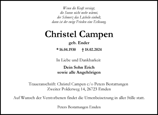 Traueranzeige von Christel Campen von Ostfriesischer Kurier