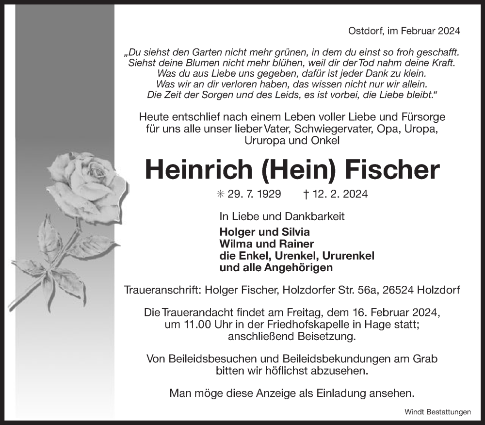  Traueranzeige für Heinrich Fischer vom 13.02.2024 aus OSTFRIESISCHER KURIER