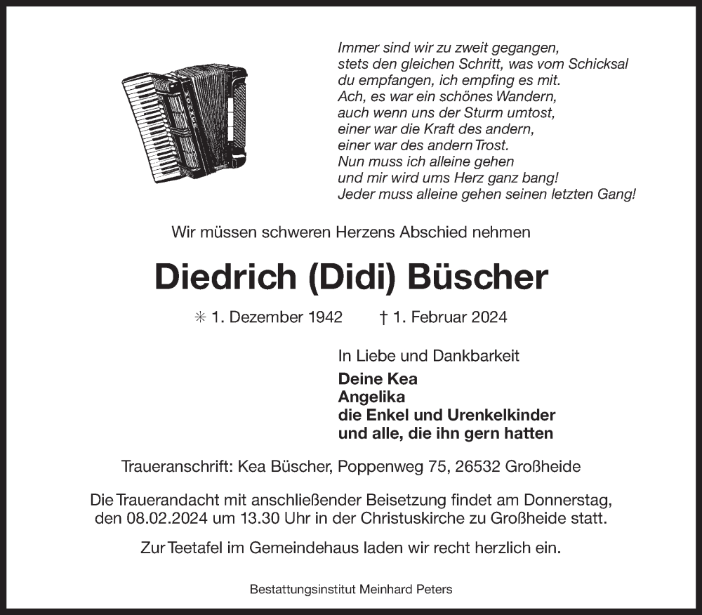  Traueranzeige für Diedrich Büscher vom 06.02.2024 aus Ostfriesischer Kurier