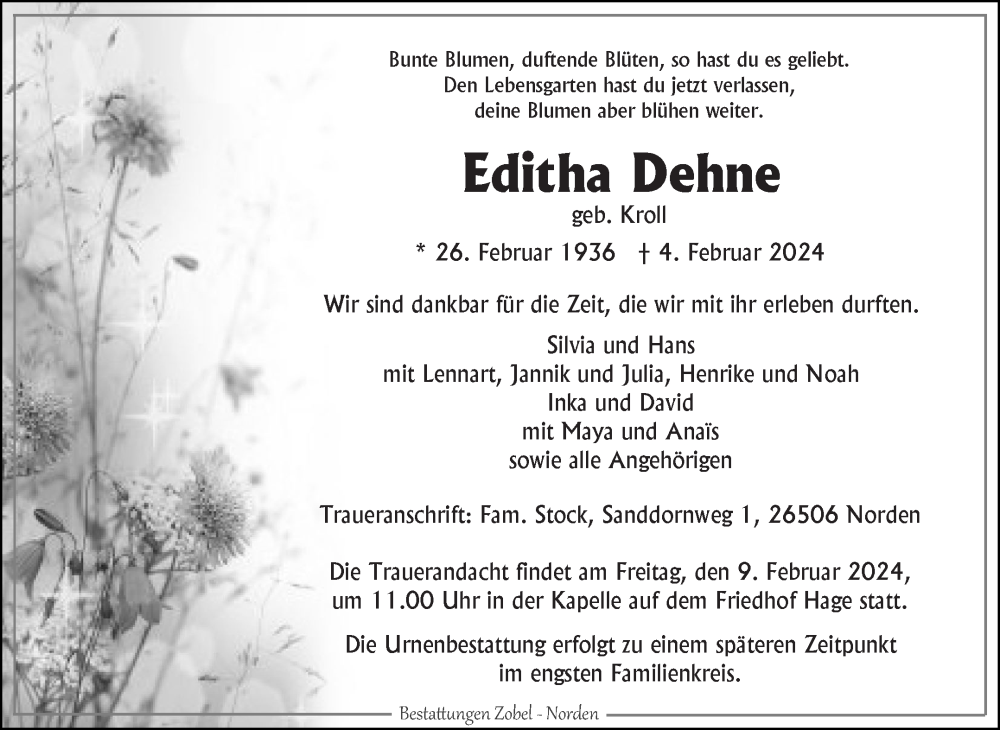  Traueranzeige für Editha Dehne vom 06.02.2024 aus Ostfriesischer Kurier