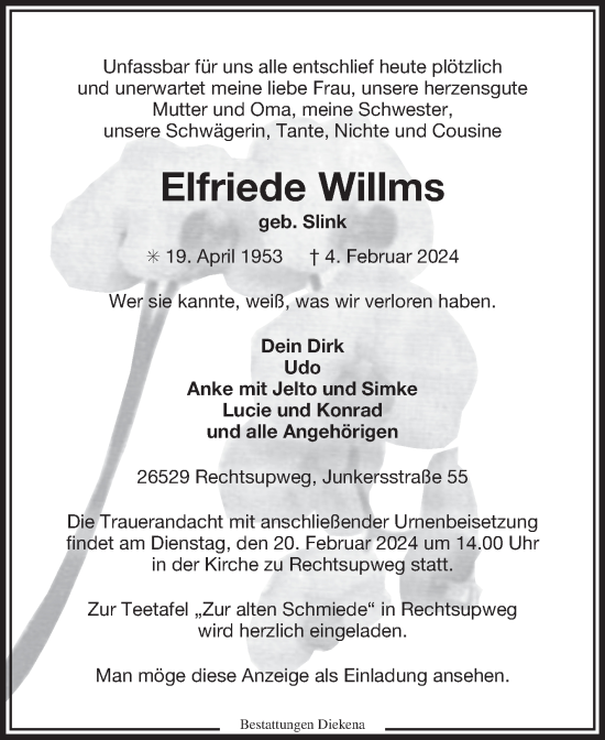 Traueranzeige von Elfriede Willms von Ostfriesischer Kurier