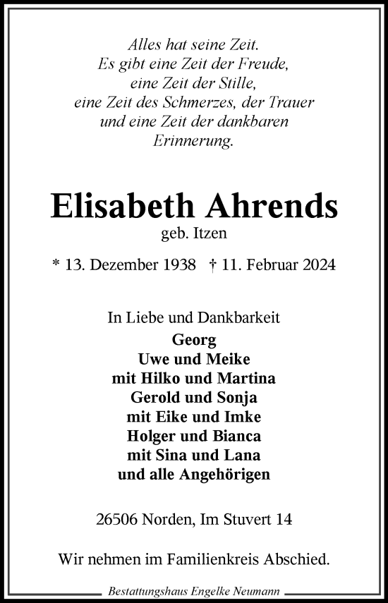 Traueranzeige von Elisabeth Ahrends von Ostfriesischer Kurier