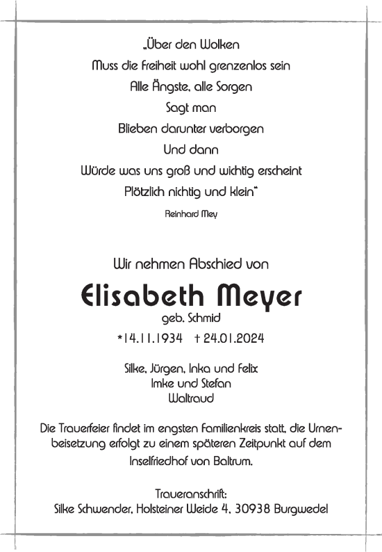 Traueranzeige von Elisabeth Meyer von Ostfriesischer Kurier