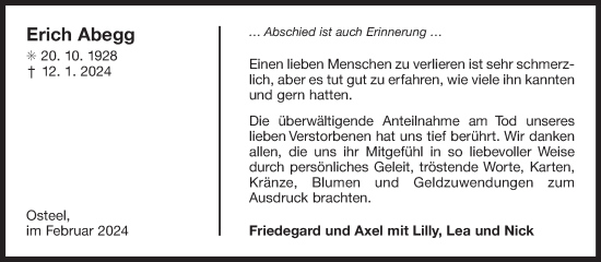 Traueranzeige von Erich Abegg von Ostfriesischer Kurier