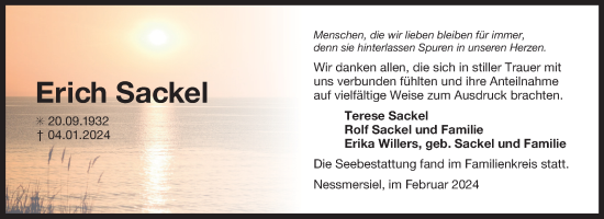 Traueranzeige von Erich Sackel von Ostfriesischer Kurier