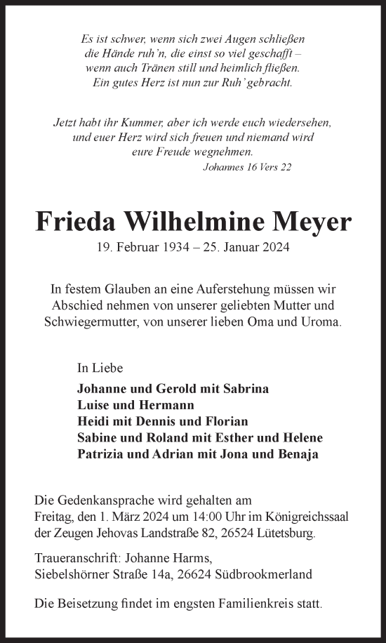 Traueranzeige von Frieda Wilhelmine Meyer von Ostfriesischer Kurier