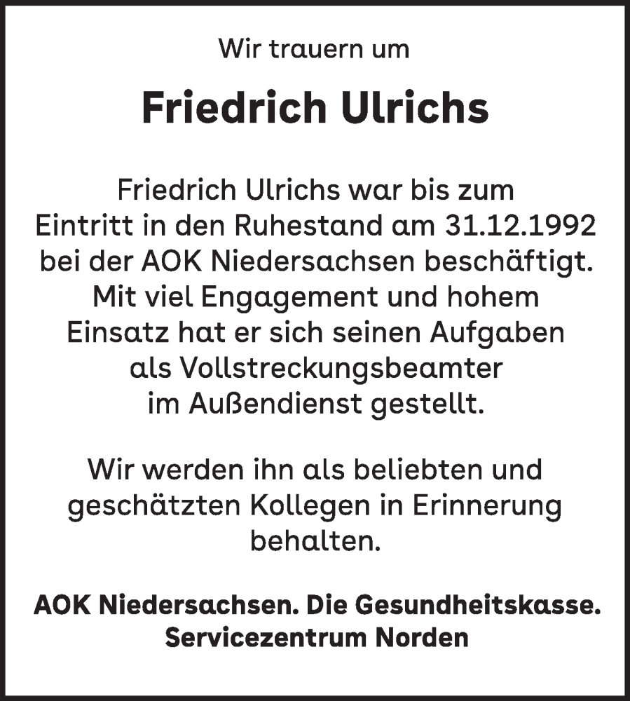  Traueranzeige für Friedrich Ulrichs vom 20.02.0202 aus Ostfriesischer Kurier