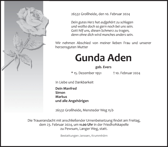 Traueranzeige von Gunda Aden von Ostfriesischer Kurier