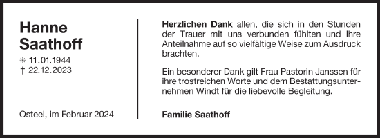 Traueranzeige von Hanne Saathoff von Ostfriesischer Kurier