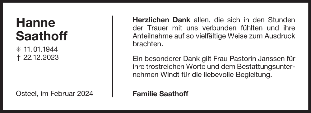  Traueranzeige für Hanne Saathoff vom 03.02.2024 aus Ostfriesischer Kurier
