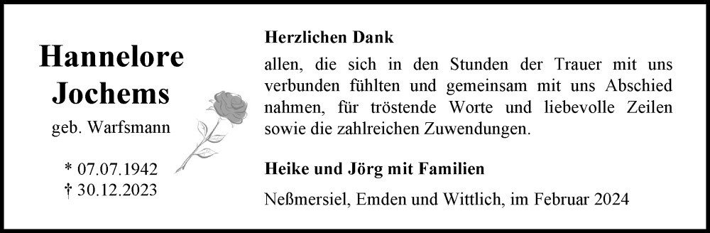  Traueranzeige für Hannelore Jochems vom 17.02.2024 aus Ostfriesischer Kurier