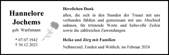 Traueranzeige von Hannelore Jochems von Ostfriesischer Kurier