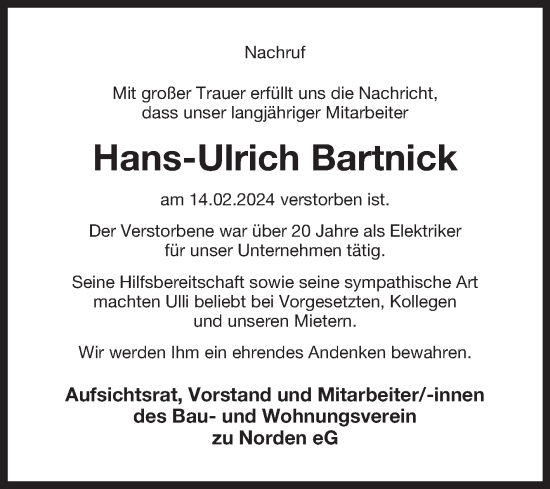 Traueranzeige von Hans-Ulrich Bartnick von Ostfriesischer Kurier