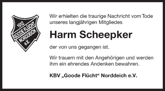 Traueranzeige von Harm Scheepker von Ostfriesischer Kurier