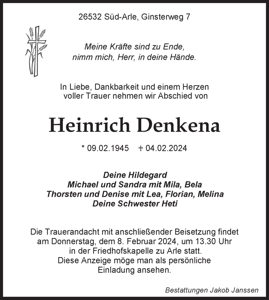  Traueranzeige für Heinrich Denkena vom 06.02.2024 aus Ostfriesischer Kurier