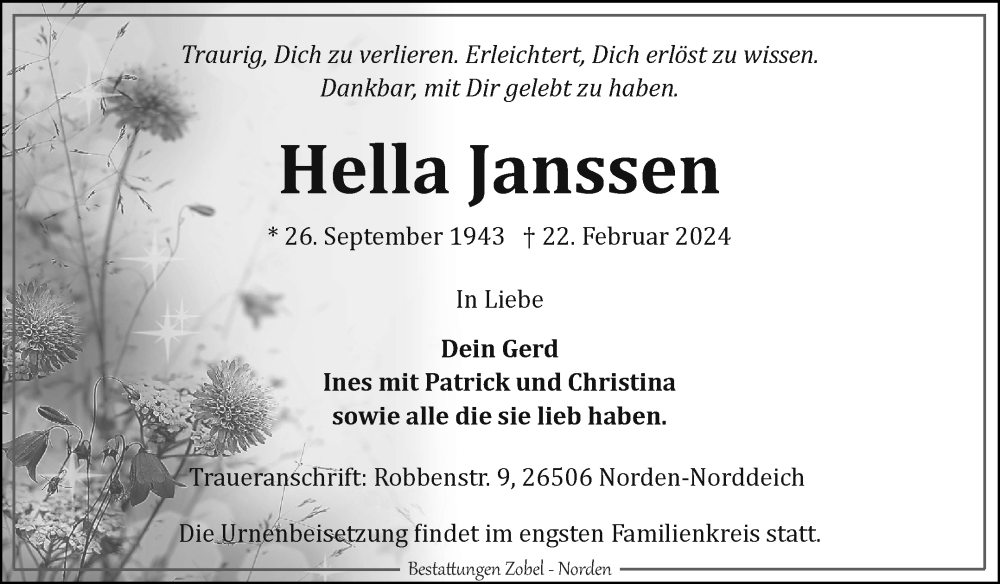  Traueranzeige für Hella Janssen vom 24.02.2024 aus Ostfriesischer Kurier