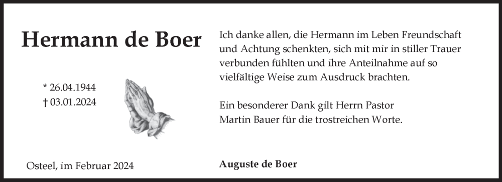  Traueranzeige für Hermann de Boer vom 03.02.2024 aus Ostfriesischer Kurier