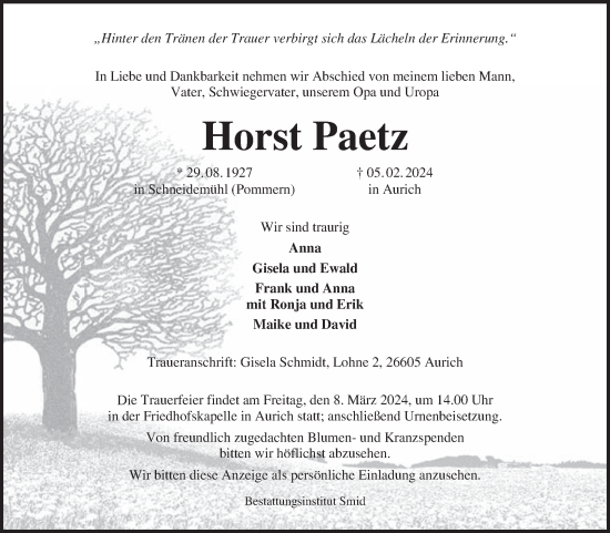 Traueranzeige von Horst Paetz von Ostfriesischer Kurier