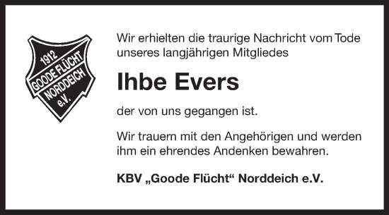 Traueranzeige von Ihbe Evers von Ostfriesischer Kurier