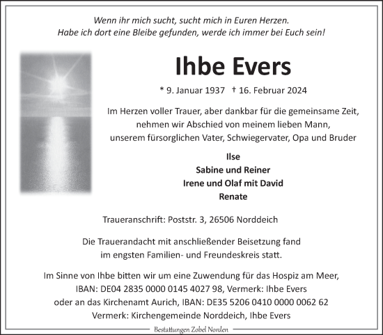 Traueranzeige von Ihbe Evers von Ostfriesischer Kurier