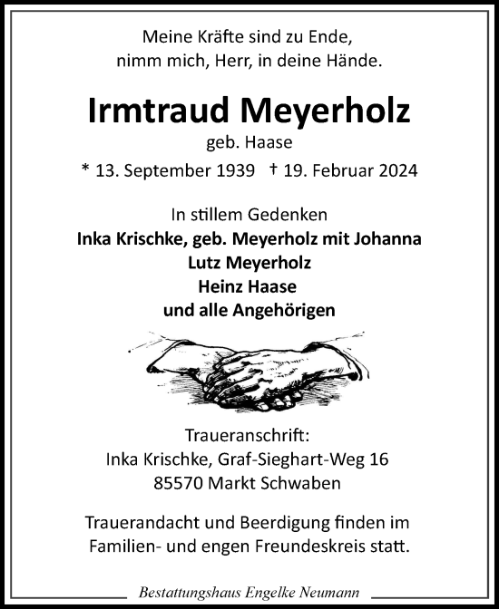 Traueranzeige von Irmtraud Meyerholz von Ostfriesischer Kurier