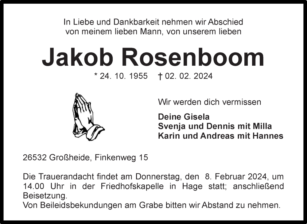  Traueranzeige für Jakob Rosenboom vom 03.02.2024 aus Ostfriesischer Kurier