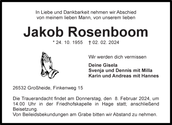 Traueranzeige von Jakob Rosenboom von Ostfriesischer Kurier