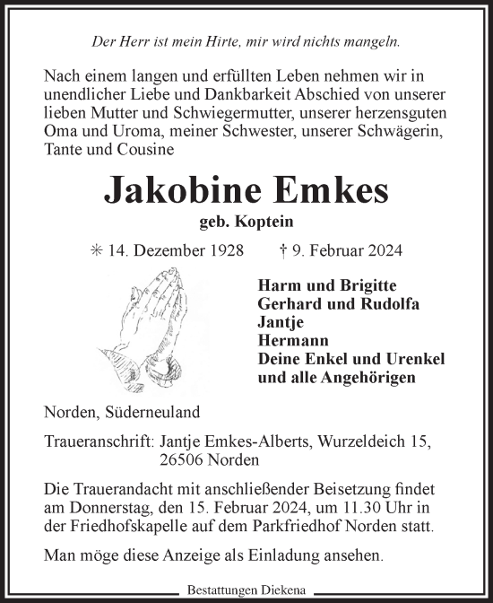 Traueranzeige von Jakobine Emkes von Ostfriesischer Kurier