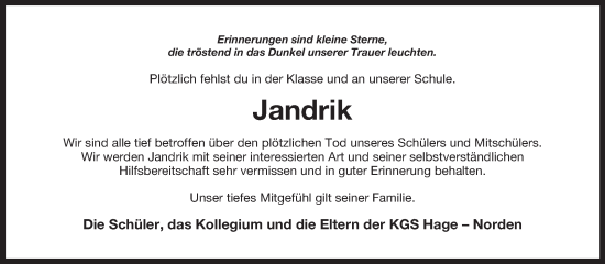 Traueranzeige von Jandrik  von Ostfriesischer Kurier