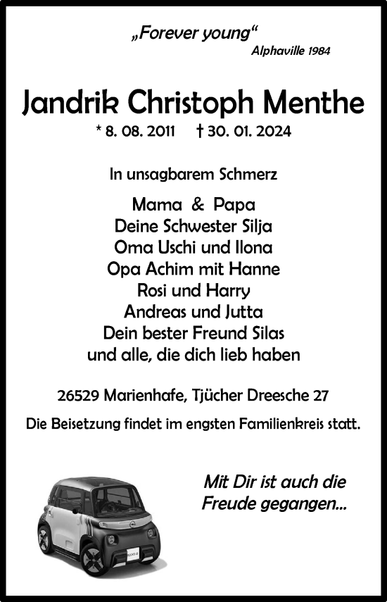 Traueranzeige von Jandrik Christoph Menthe von Ostfriesischer Kurier