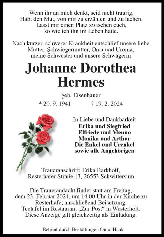 Traueranzeige von Johanne Dorothea Hermes von Ostfriesischer Kurier