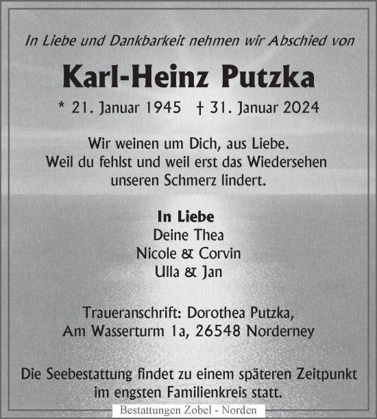 Traueranzeige von Karl-Heinz Putzka von Ostfriesischer Kurier