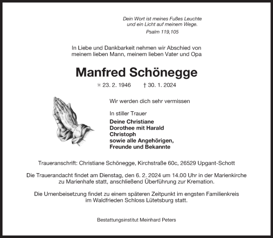 Traueranzeige von Manfred Schönegge von Ostfriesischer Kurier