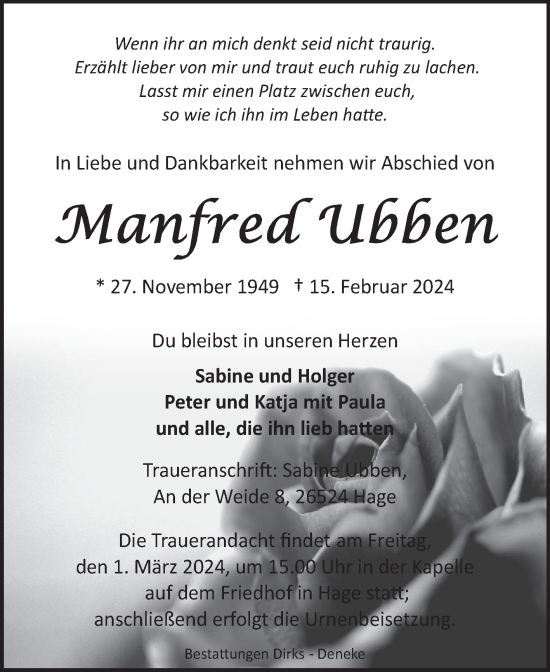 Traueranzeige von Manfred Ubben von Ostfriesischer Kurier