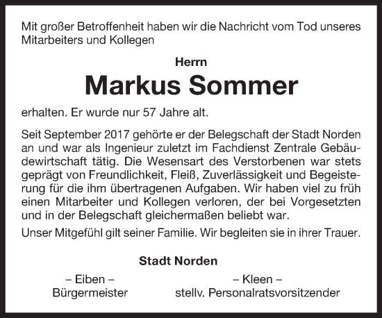 Traueranzeige von Markus Sommer von Ostfriesischer Kurier