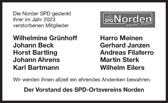 Traueranzeige von Nachruf Norder SPD von Ostfriesischer Kurier