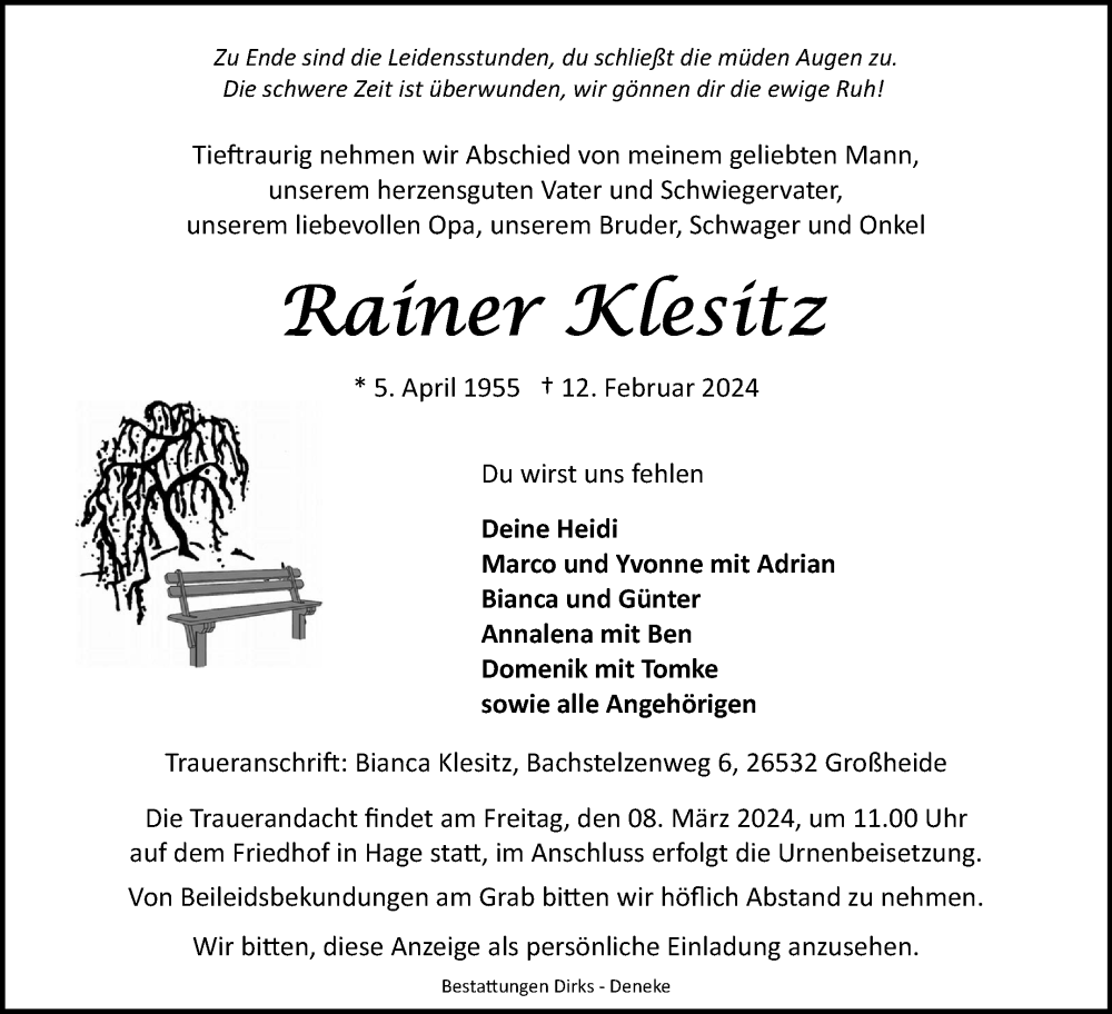  Traueranzeige für Rainer Klesitz vom 24.02.2024 aus Ostfriesischer Kurier