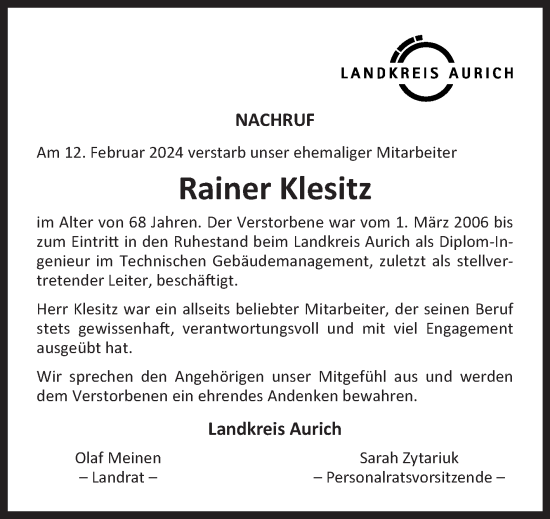 Traueranzeige von Rainer Klesitz von Ostfriesischer Kurier