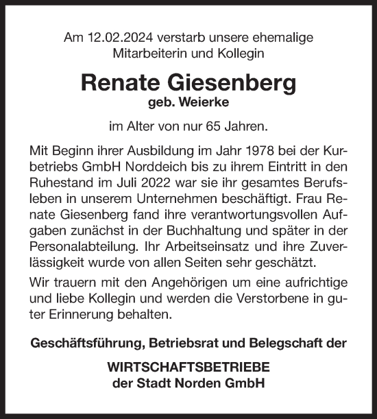 Traueranzeige von Renate Giesenberg von Ostfriesischer Kurier