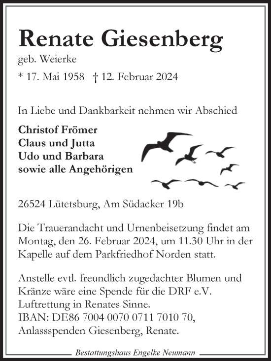 Traueranzeige von Renate Giesenberg von Ostfriesischer Kurier