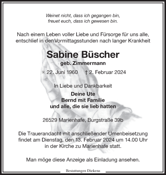 Traueranzeige von Sabine Büscher von Ostfriesischer Kurier