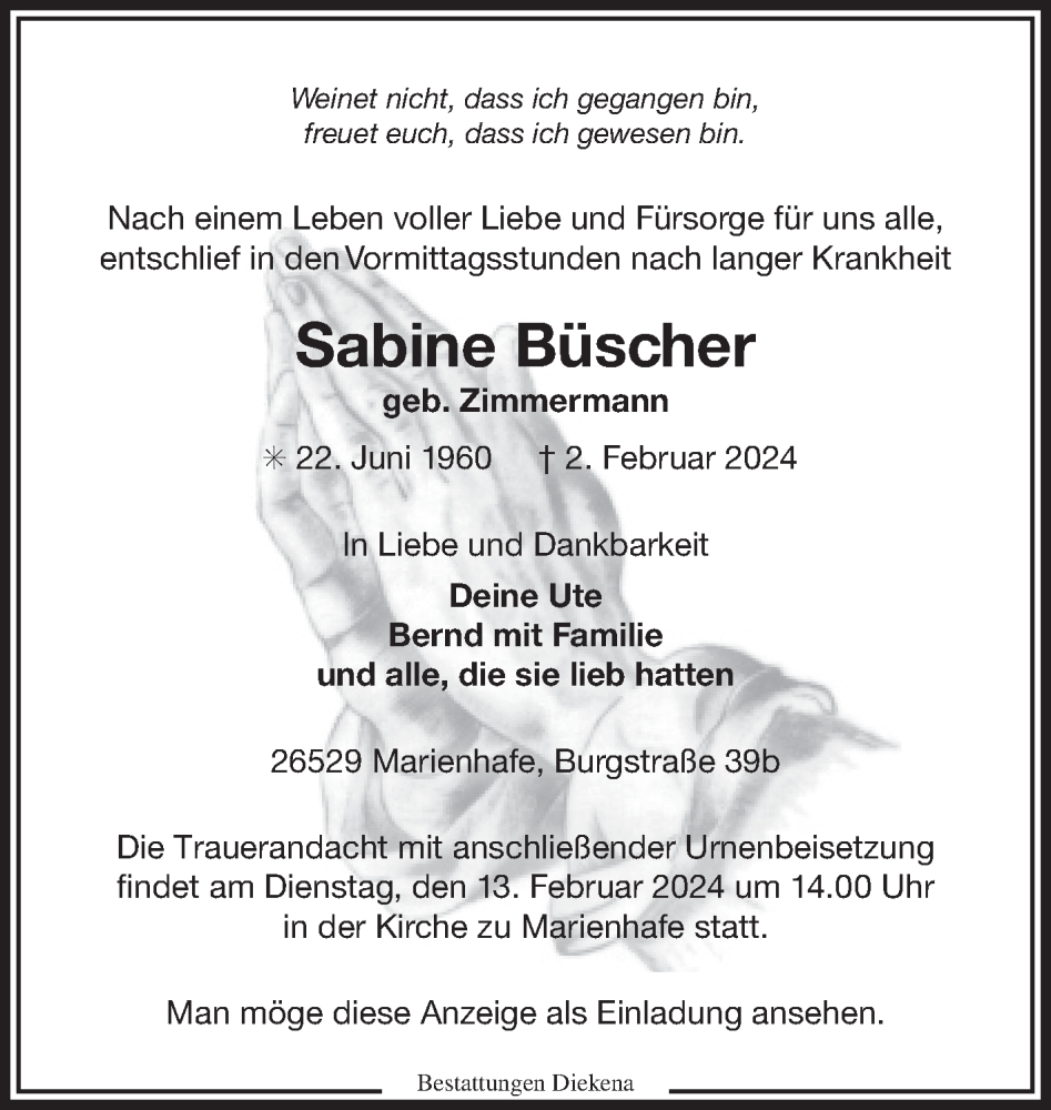  Traueranzeige für Sabine Büscher vom 06.02.2024 aus Ostfriesischer Kurier